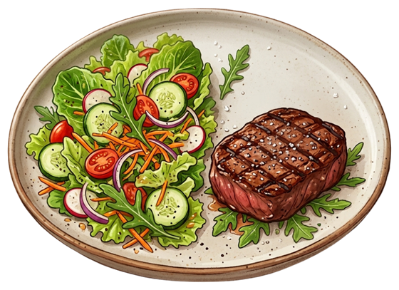 Prato “equilibrado”: meio prato de salada com um bife pequeno