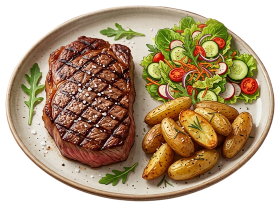Exemplo de prato do Protocolo P|E: metade de proteína, um quarto de salada e um quarto de energia (carboidratos e/ou gordura)